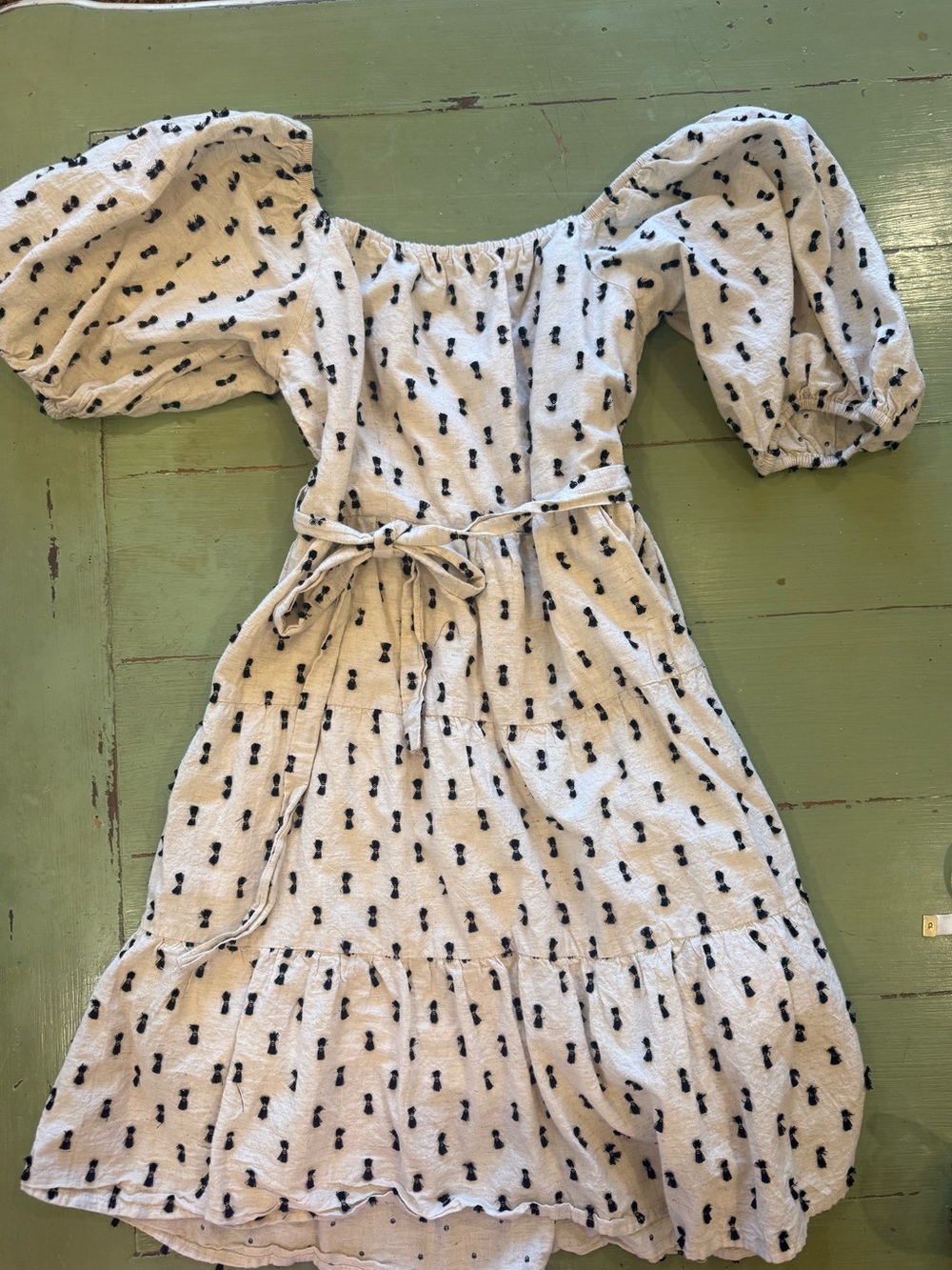 Puff-Sleeve Ivory Dress with Tie Waist